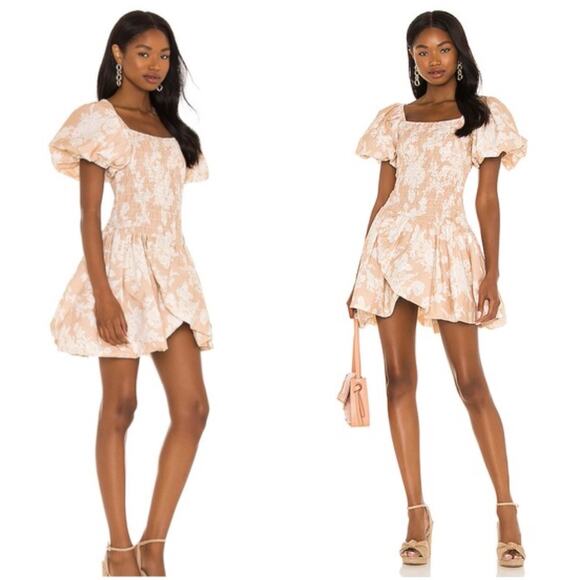 LoveShackFancy x Revolve Asa Mini Dress Espresso Foam Puff Sleeve L EUC Peach - Picture 1 of 13